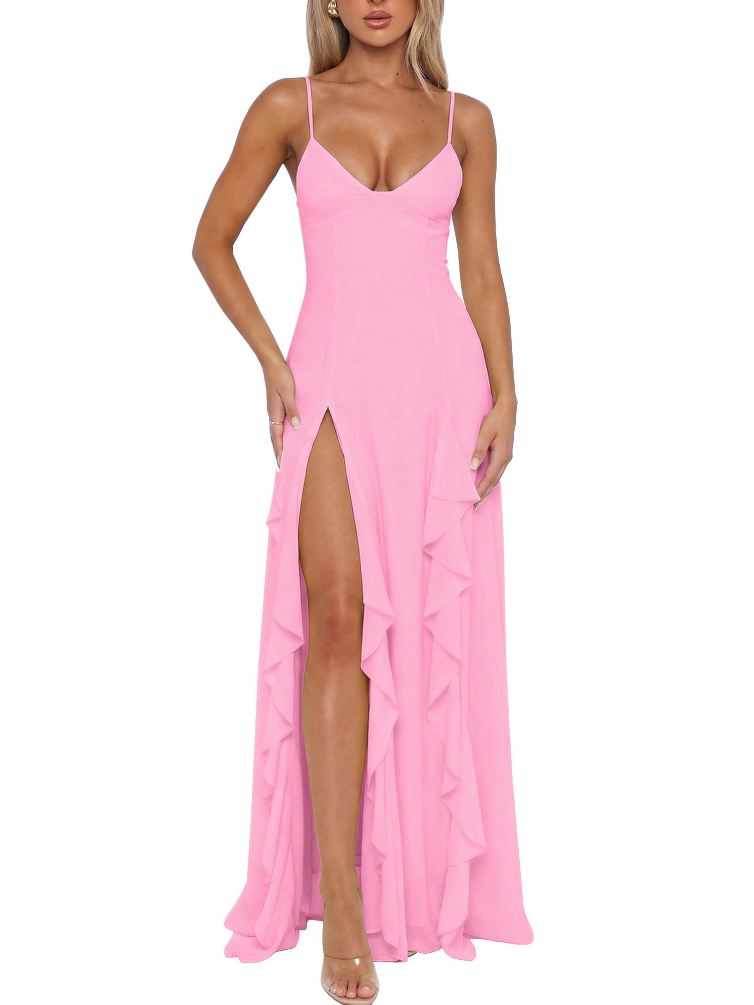 Business Formal Women's Sexy V Neck Spaghetti Strap High Slit Vacation Maxi Dress Cocktail Wedding Guest Long Formal Dress