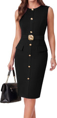 Womens Minimalist 2026 Summer Work Dresses Sleeveless Bodycon Business Outfits Office Button Knee Length Dresses