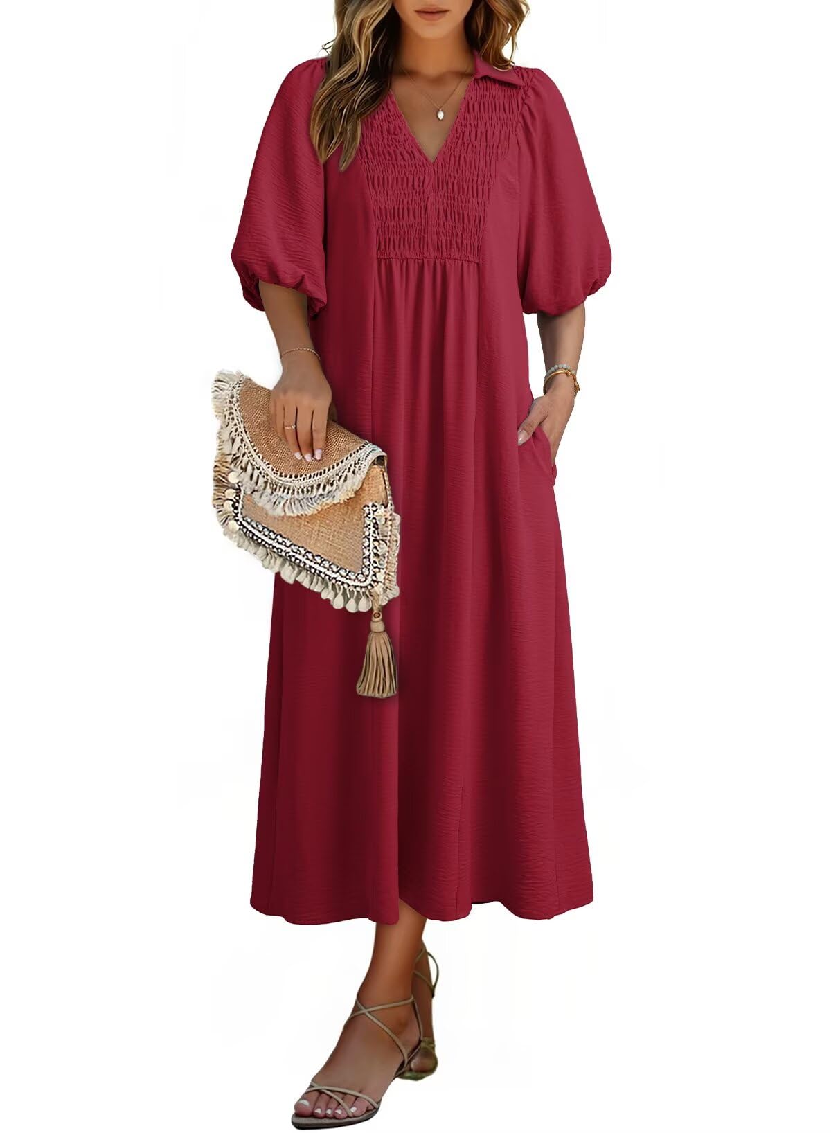 2026 Business Casual Women's Summer V Neck Puff Sleeve Empire Waist A-Line Maxi Casual Daily Wear Dress For Office