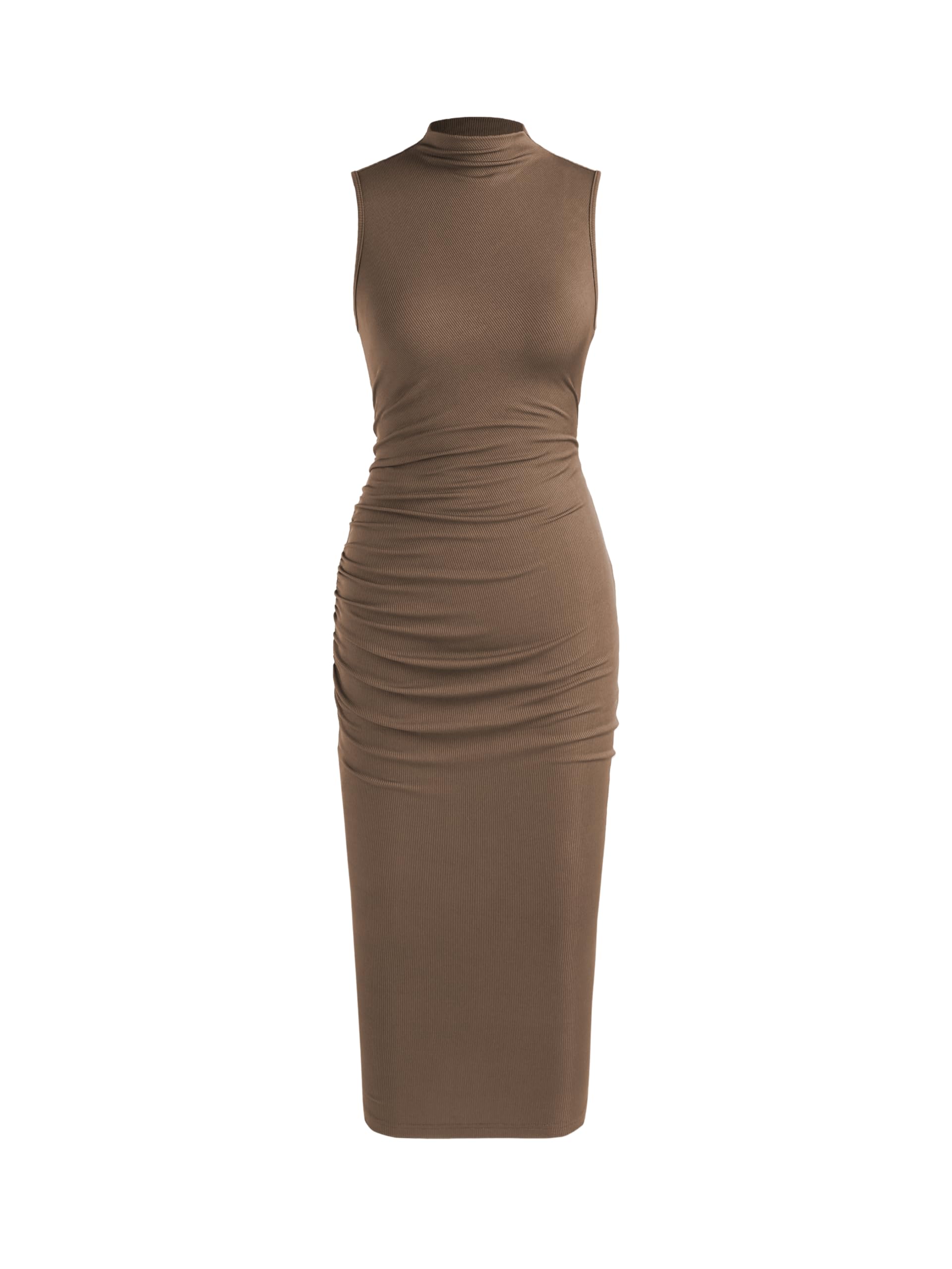 Youth Womens Bodycon Dresses Mock High Neck Sleeveless Ruched Summer Cocktail Work Trendy Midi Dress