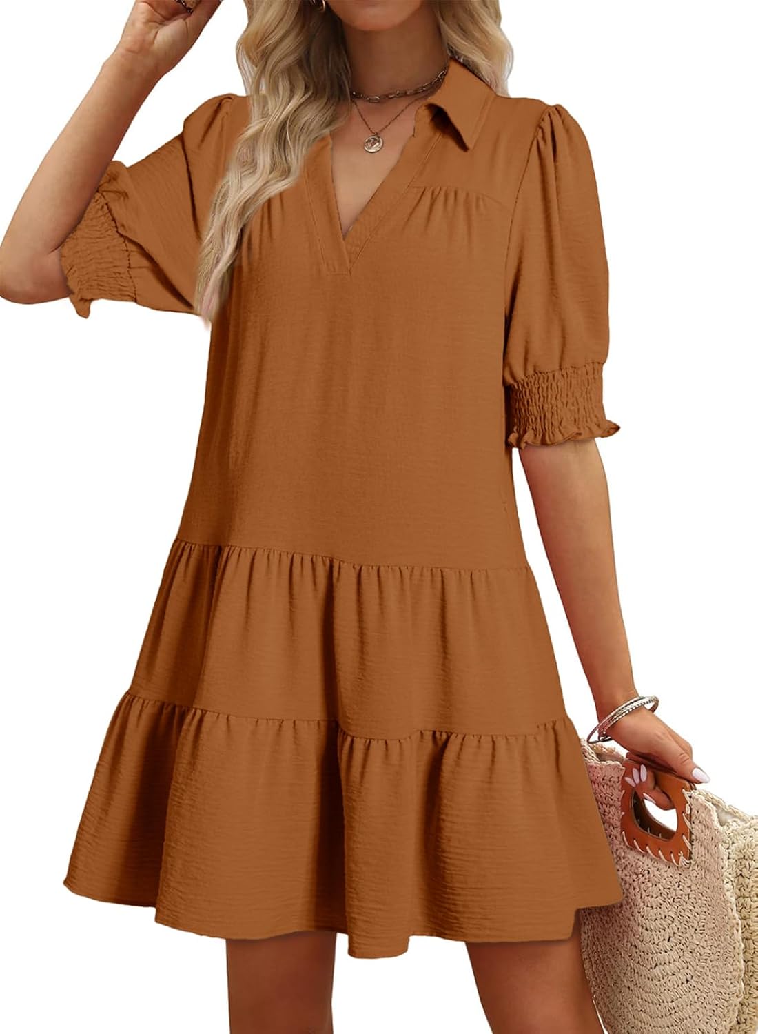 Youth Womens Casual Summer Dresses Lapel Collared V Neck Mid Sleeved Pleated 2026 Midi Dress Daily Outfit