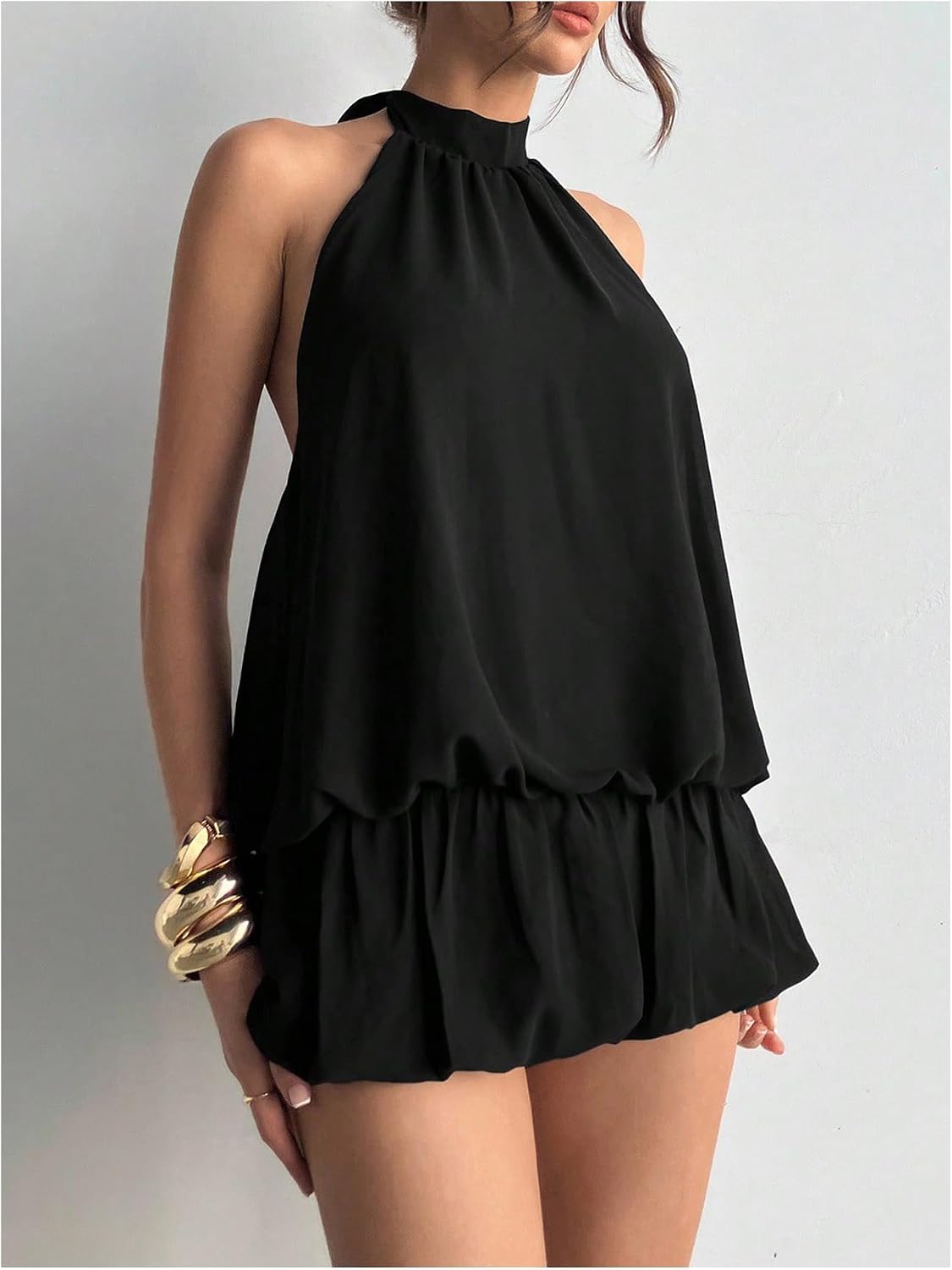 Youth Women's  Summer Halter Dress Tie Open Back Sleeveless Ruffle Hem Bubble Going Out Mini Dress