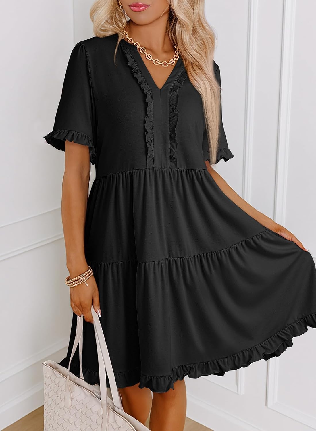 Minimalist 2026 Women's Summer V Neck A Line Short Sleeve Casual Ruffle Babydoll Mini Dress Daily Wear