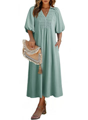 2026 Business Casual Women's Summer V Neck Puff Sleeve Empire Waist A-Line Maxi Casual Daily Wear Dress For Office