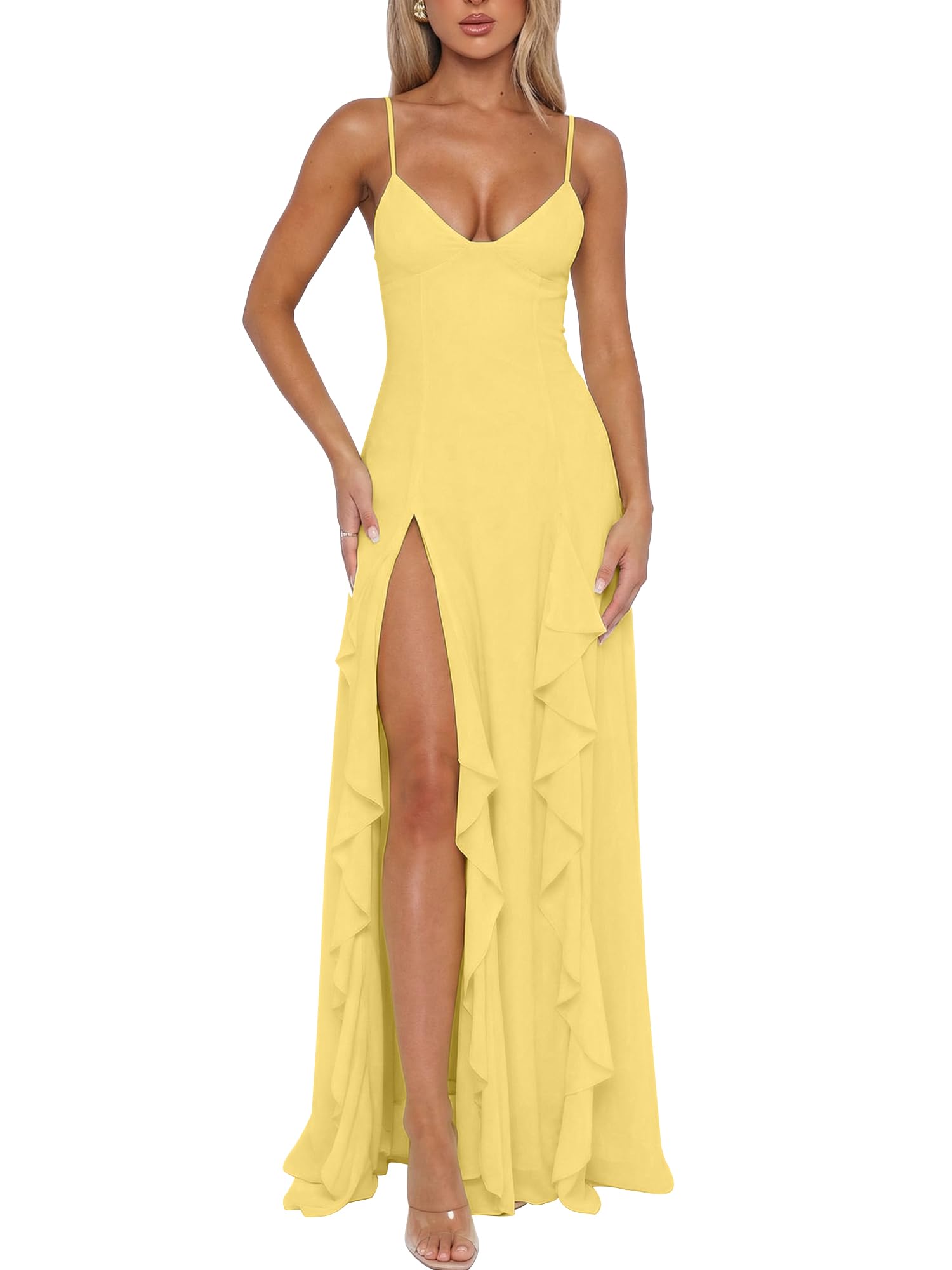 Business Formal Women's Sexy V Neck Spaghetti Strap High Slit Vacation Maxi Dress Cocktail Wedding Guest Long Formal Dress