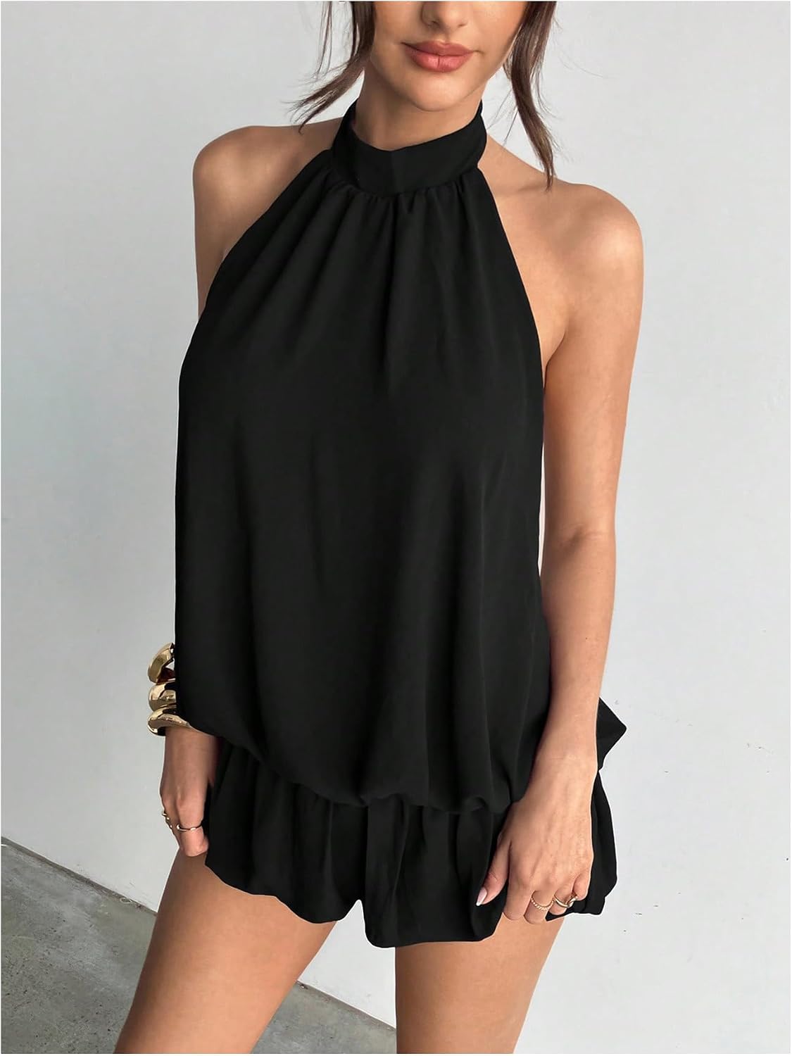 Youth Women's  Summer Halter Dress Tie Open Back Sleeveless Ruffle Hem Bubble Going Out Mini Dress