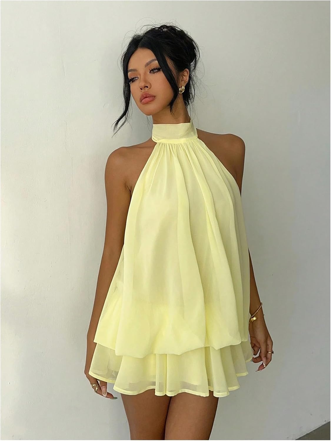 Business Casual Women's Chiffon Halter Drop Waist Ruffle Loose Fit Mini Dress Summer Wedding Guest Brunch Outfit Dress
