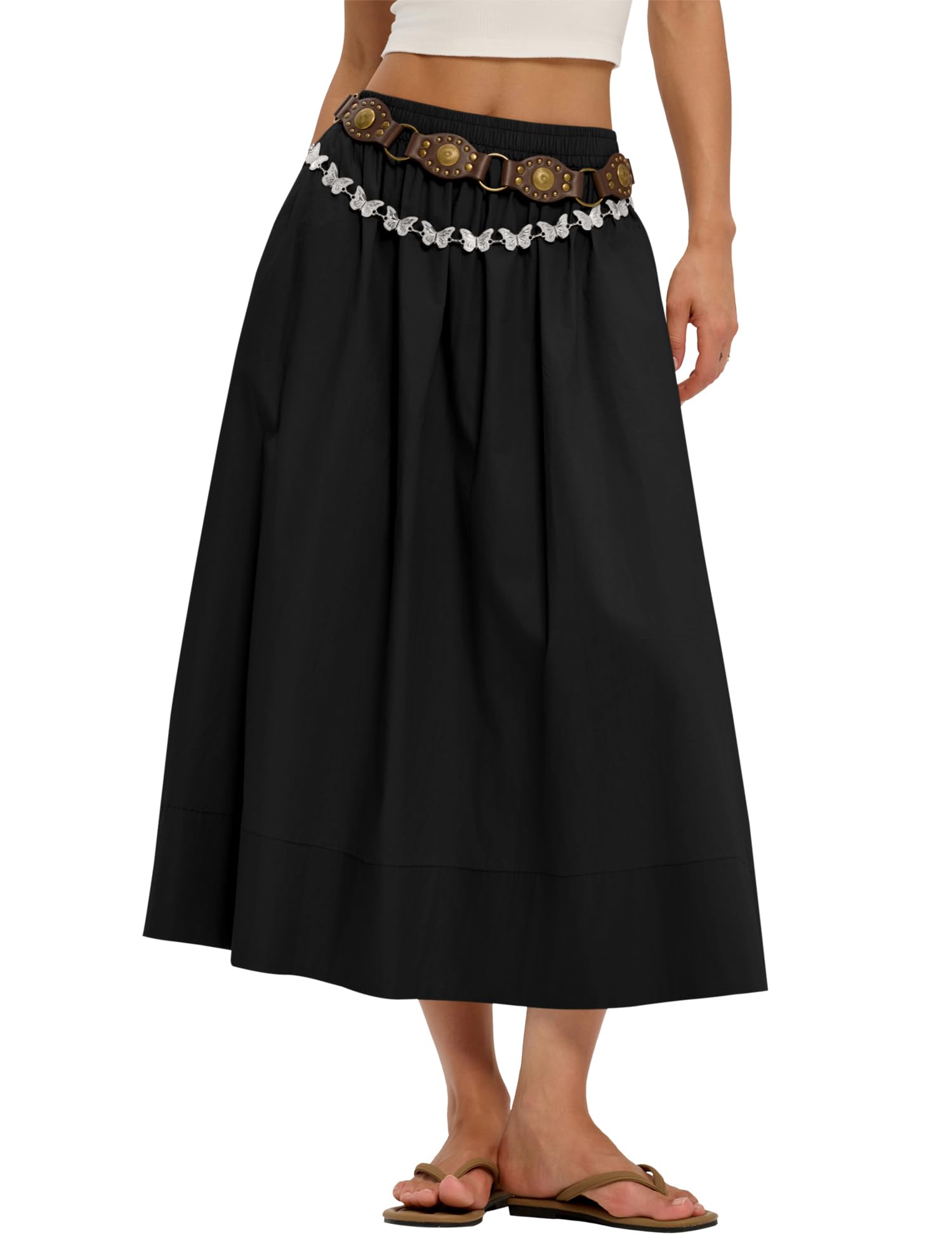 Business Womens A Line Cotton Flowy Midi Maxi Skirt Boho Summer Beach Casual Elastic Waist Skirt Outfit With Pockets