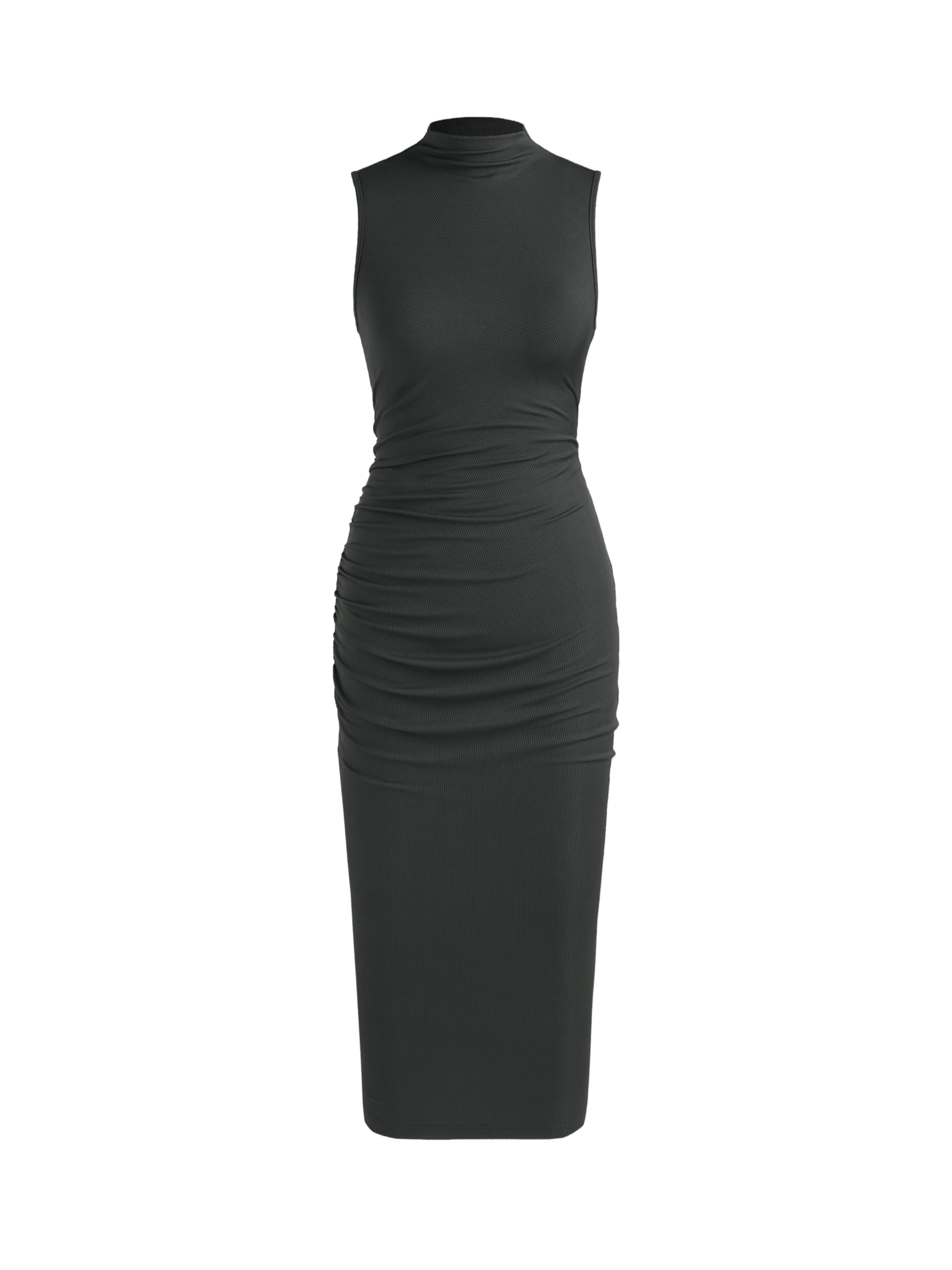 Youth Womens Bodycon Dresses Mock High Neck Sleeveless Ruched Summer Cocktail Work Trendy Midi Dress