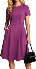 Youth 2026 Womens Church Dresses Short Sleeve A Line Work Fit and Flare Dress with Pockets