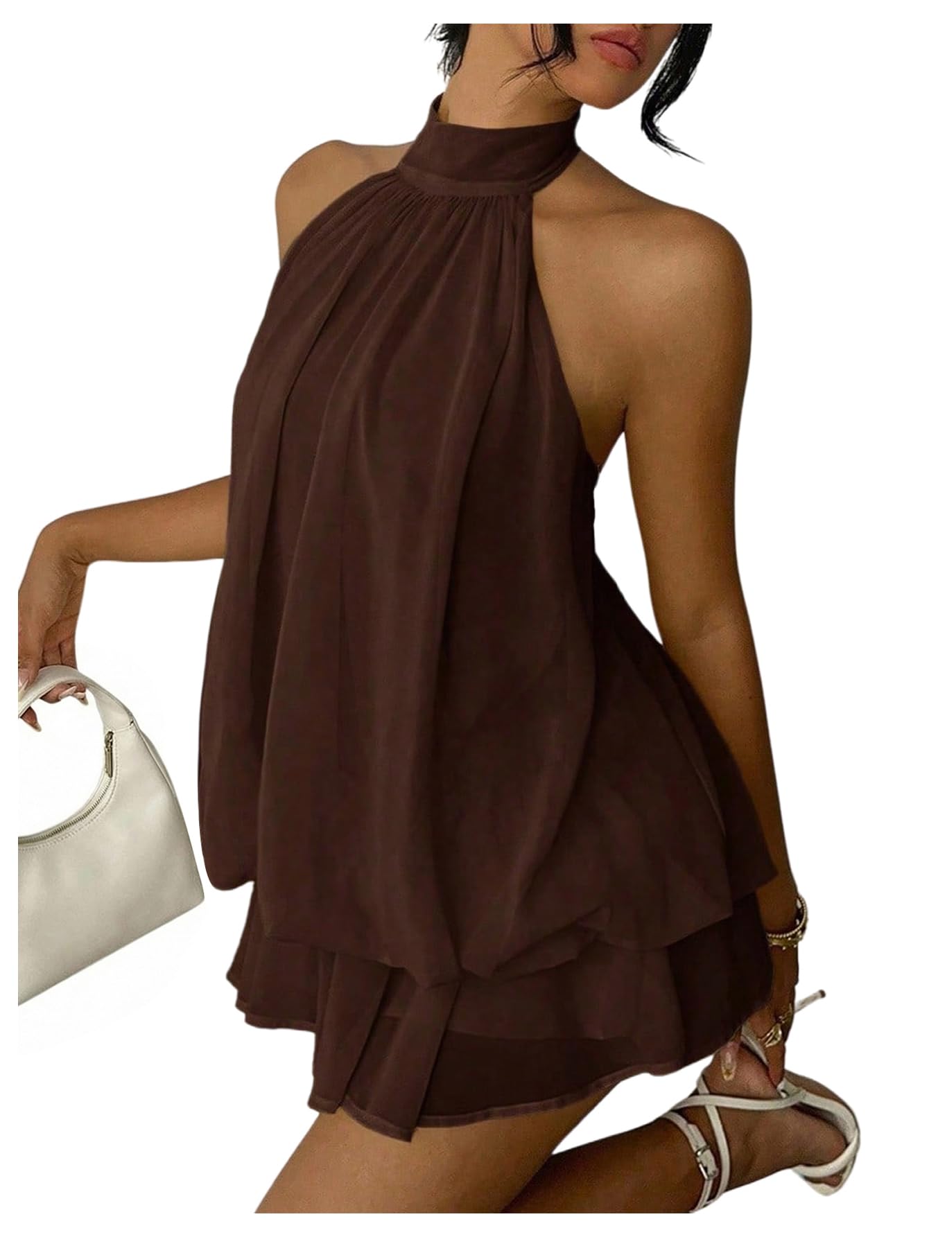 Business Casual Women's Chiffon Halter Drop Waist Ruffle Loose Fit Mini Dress Summer Wedding Guest Brunch Outfit Dress