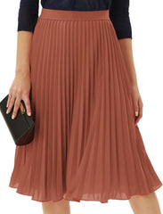 Youth Womens Pleated Midi Skirt Chiffon Elastic High Waist Knee Length Swing Flare A Line Skirt Outfit for Teens