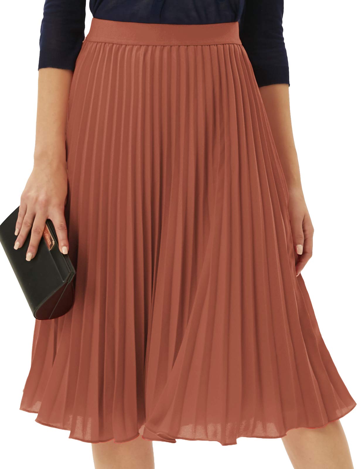 Youth Womens Pleated Midi Skirt Chiffon Elastic High Waist Knee Length Swing Flare A Line Skirt Outfit for Teens