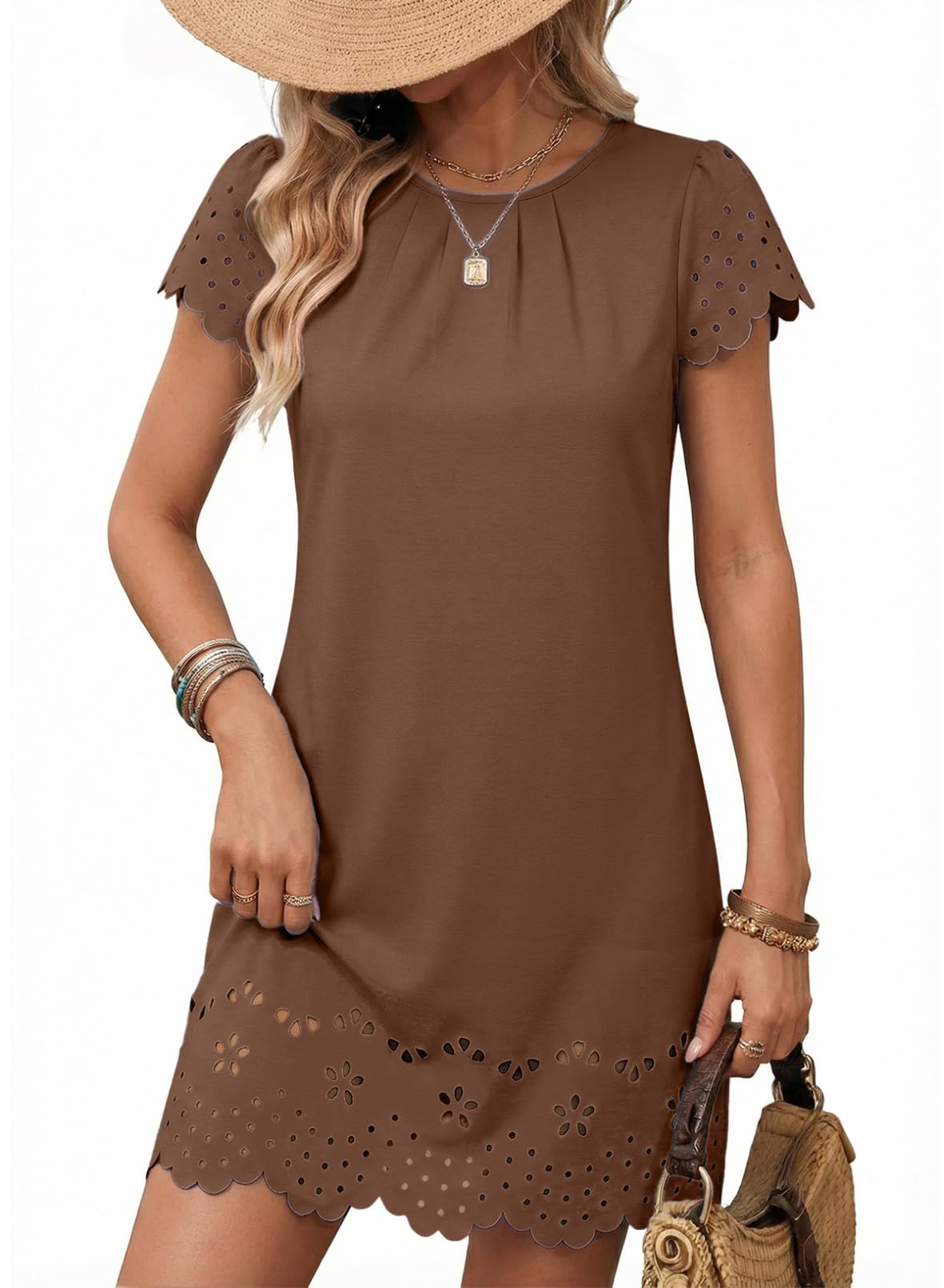 2026 Minimalist Womens Summer Mini Dress Short Sleeve Hollow Out Crewneck Pleated Front Casual Elegant Short Dress