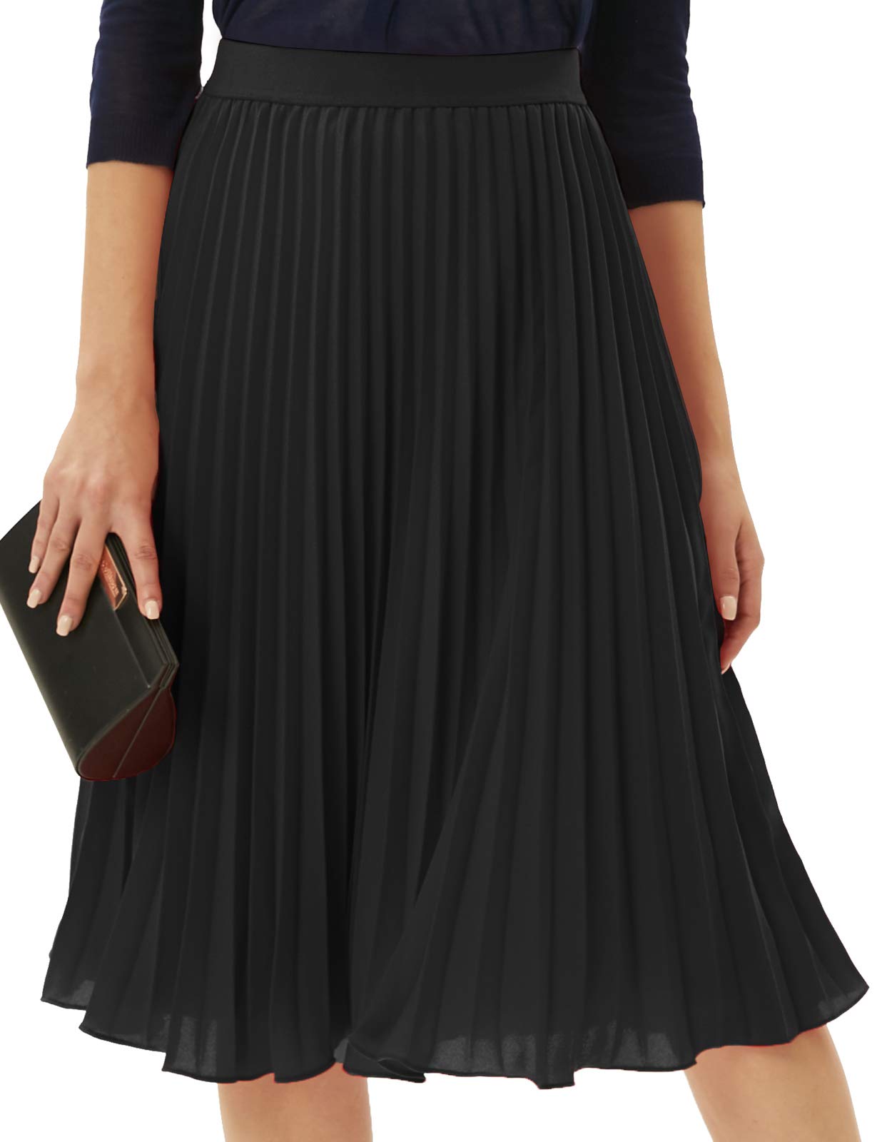 Youth Womens Pleated Midi Skirt Chiffon Elastic High Waist Knee Length Swing Flare A Line Skirt Outfit for Teens