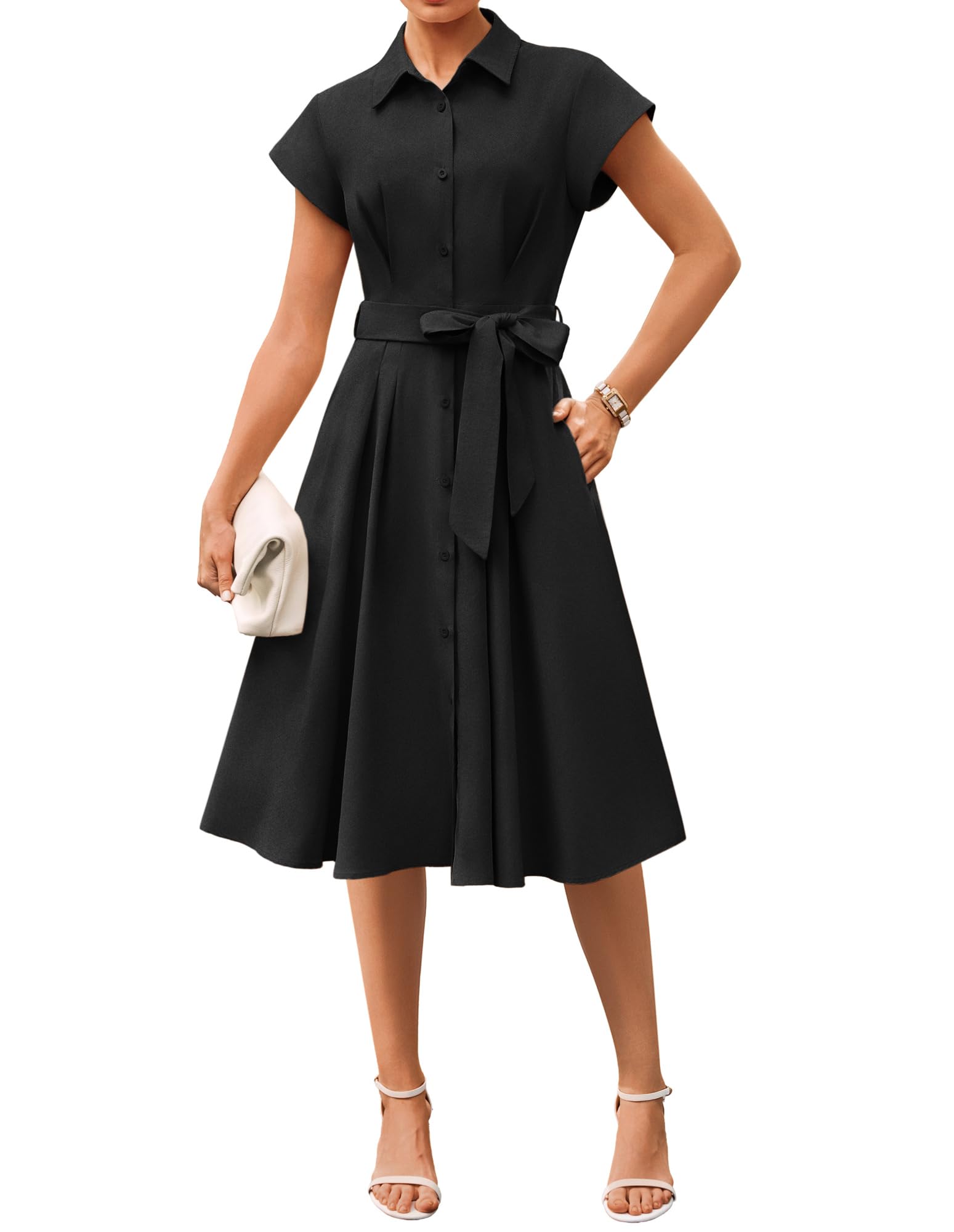 Youth 2026 Women's Short Sleeve Button Down Shirt Midi Dress Summer Work Business Casual Dress With Pockets
