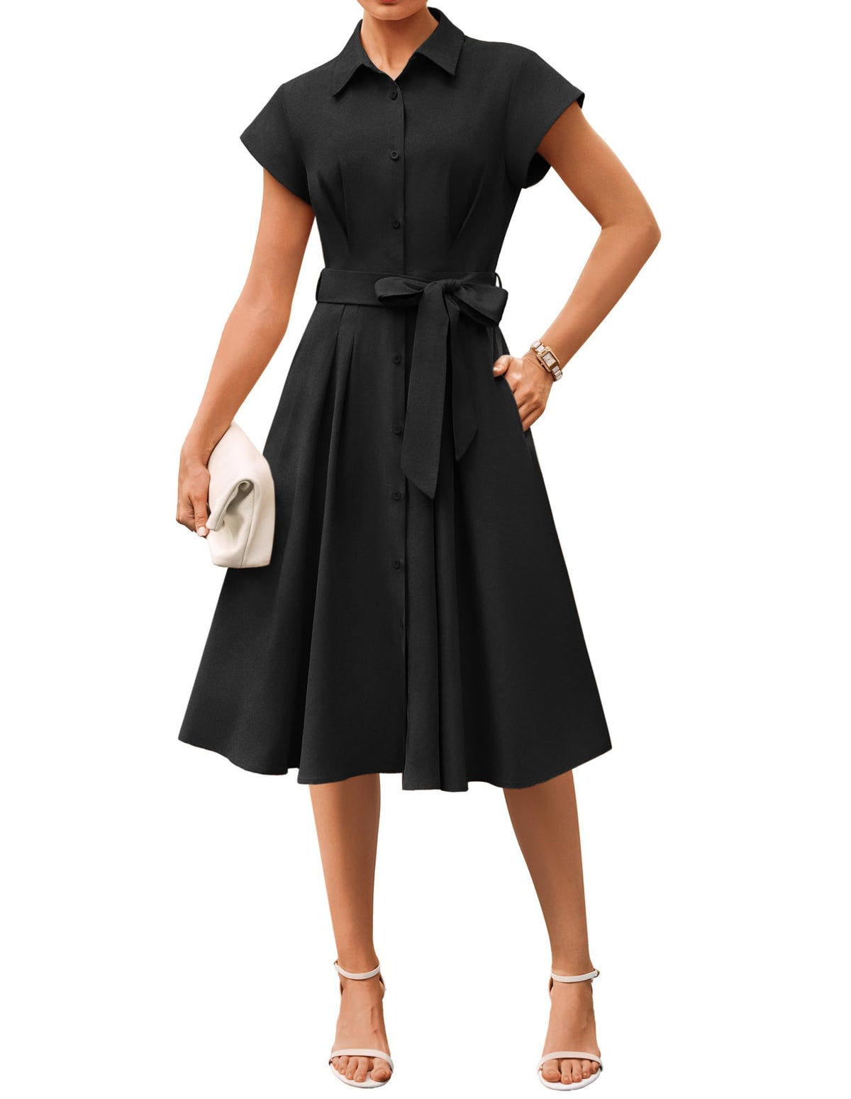 Youth 2026 Women's Short Sleeve Button Down Shirt Midi Dress Summer Work Business Casual Dress With Pockets