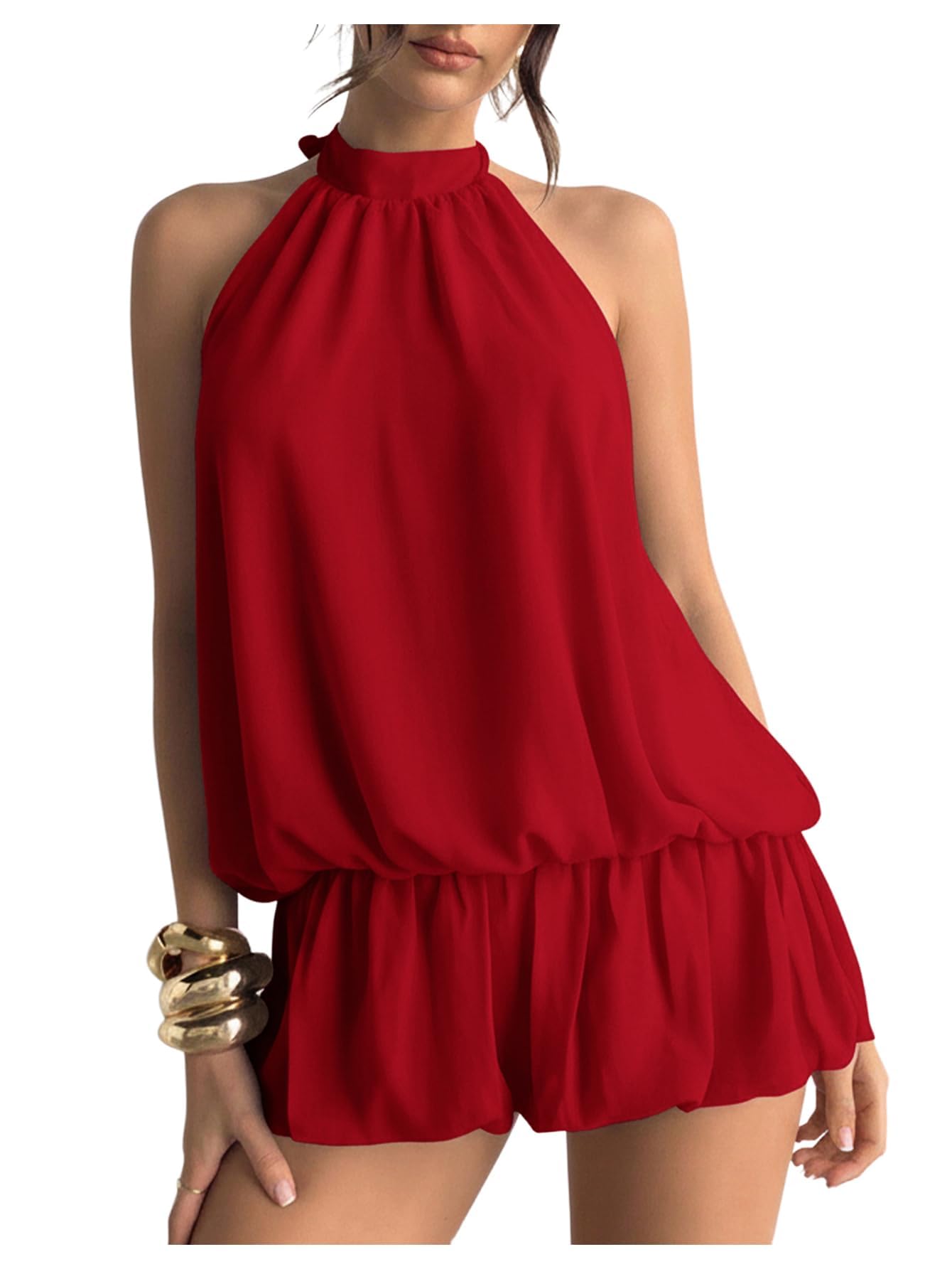 Youth Women's  Summer Halter Dress Tie Open Back Sleeveless Ruffle Hem Bubble Going Out Mini Dress