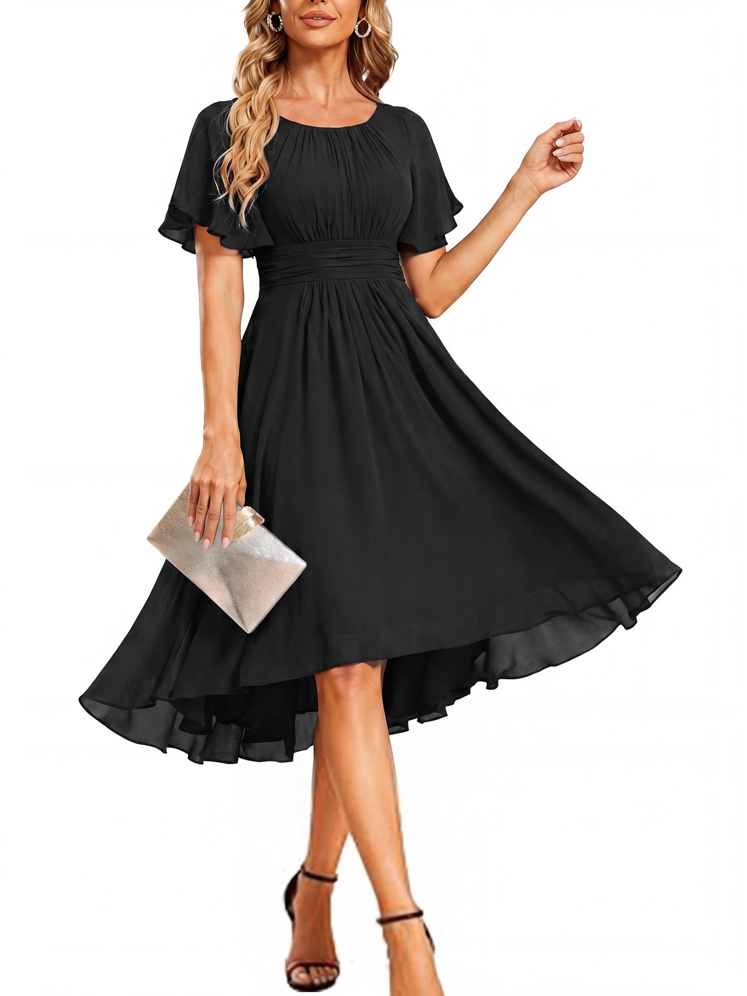 Minimalist Women's Chiffon Crew Neck Empire Waist Summer Short Sleeve Semi Formal Wedding Guest Dress