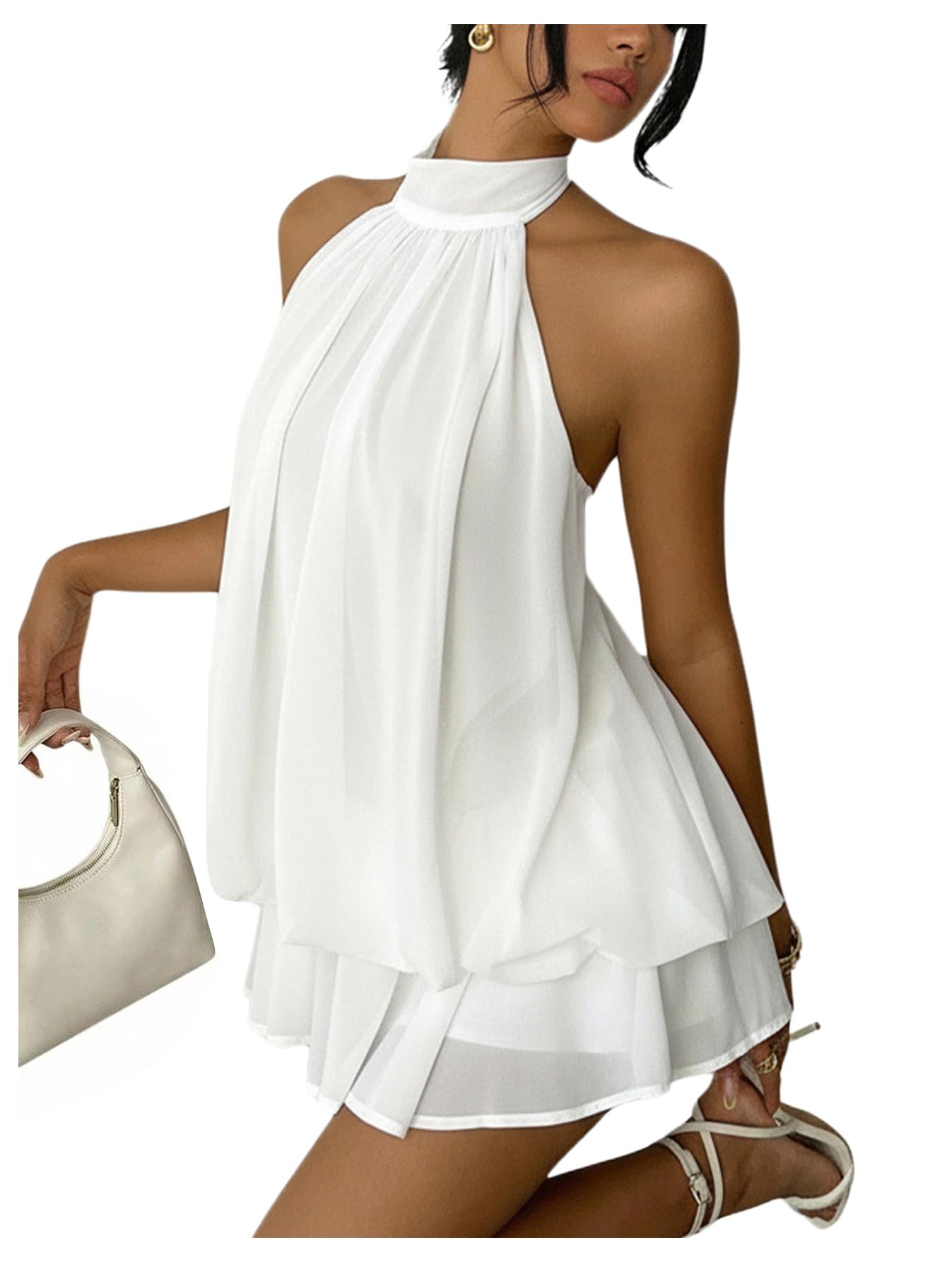 Business Casual Women's Chiffon Halter Drop Waist Ruffle Loose Fit Mini Dress Summer Wedding Guest Brunch Outfit Dress