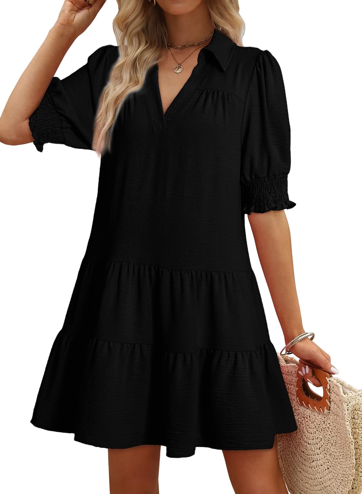 Youth Womens Casual Summer Dresses Lapel Collared V Neck Mid Sleeved Pleated 2026 Midi Dress Daily Outfit