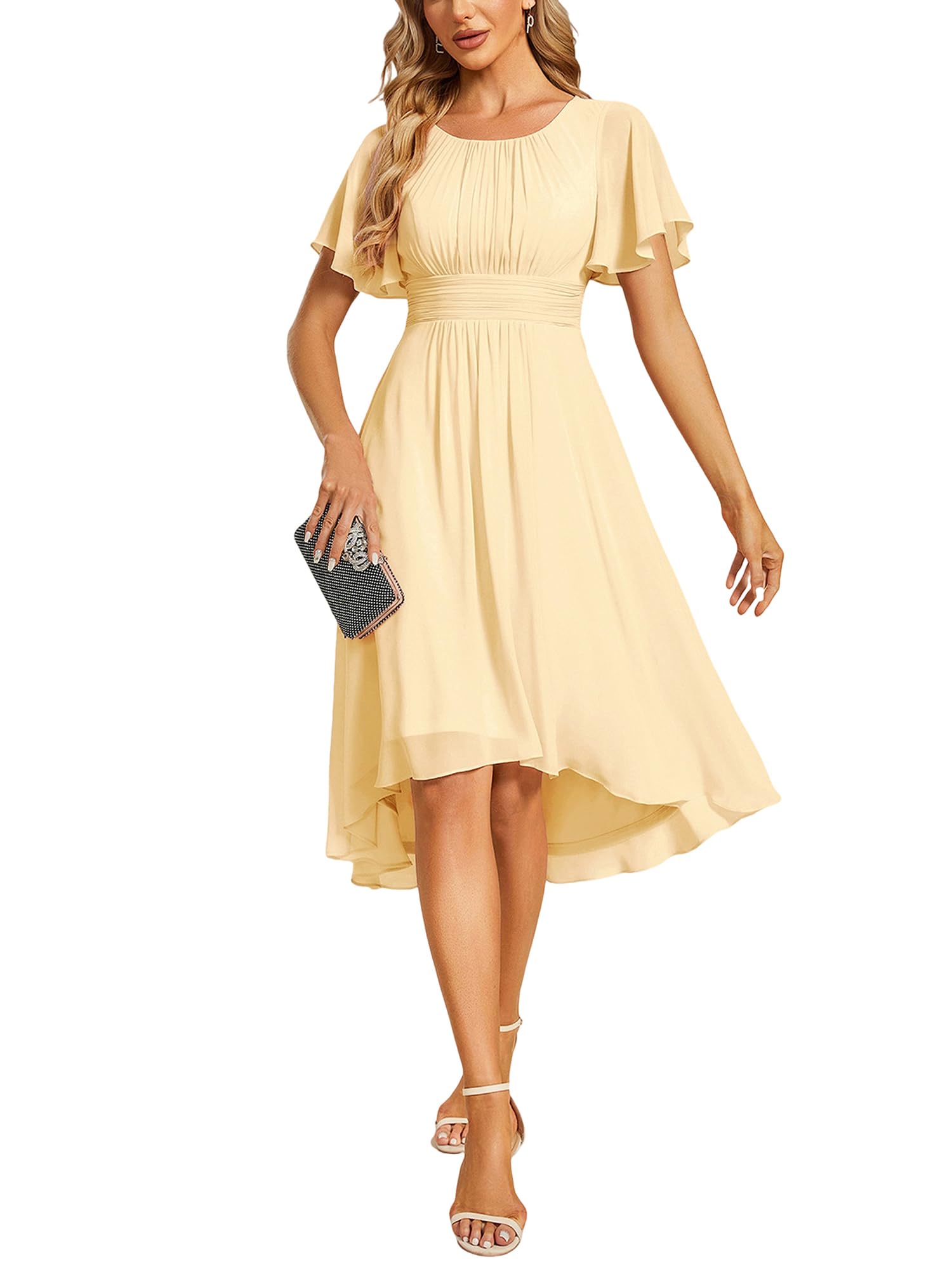 Minimalist Women's Chiffon Crew Neck Empire Waist Summer Short Sleeve Semi Formal Wedding Guest Dress