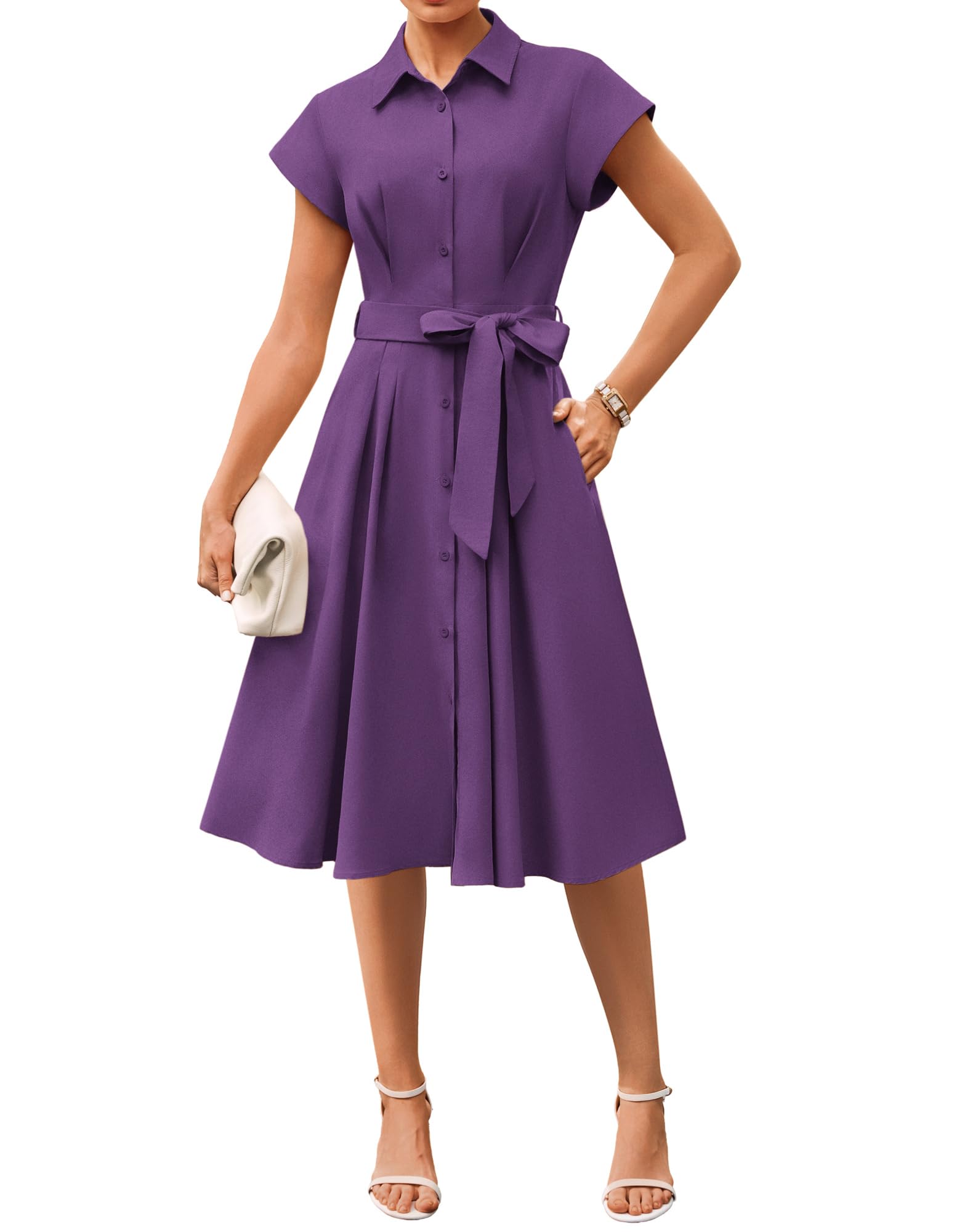 Youth 2026 Women's Short Sleeve Button Down Shirt Midi Dress Summer Work Business Casual Dress With Pockets