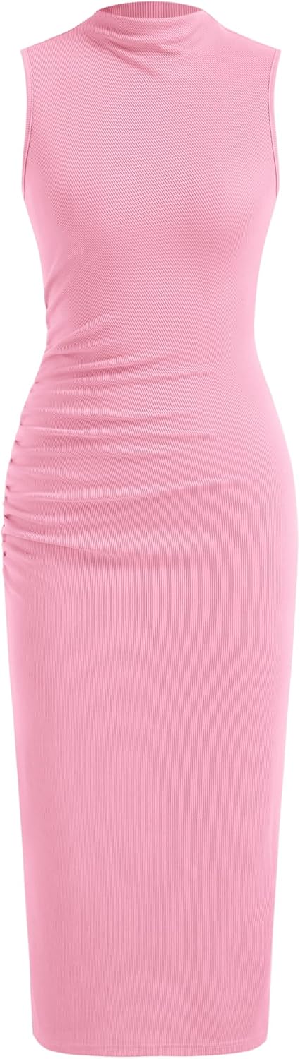 Youth Womens Bodycon Dresses Mock High Neck Sleeveless Ruched Summer Cocktail Work Trendy Midi Dress