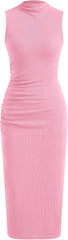 Youth Womens Bodycon Dresses Mock High Neck Sleeveless Ruched Summer Cocktail Work Trendy Midi Dress