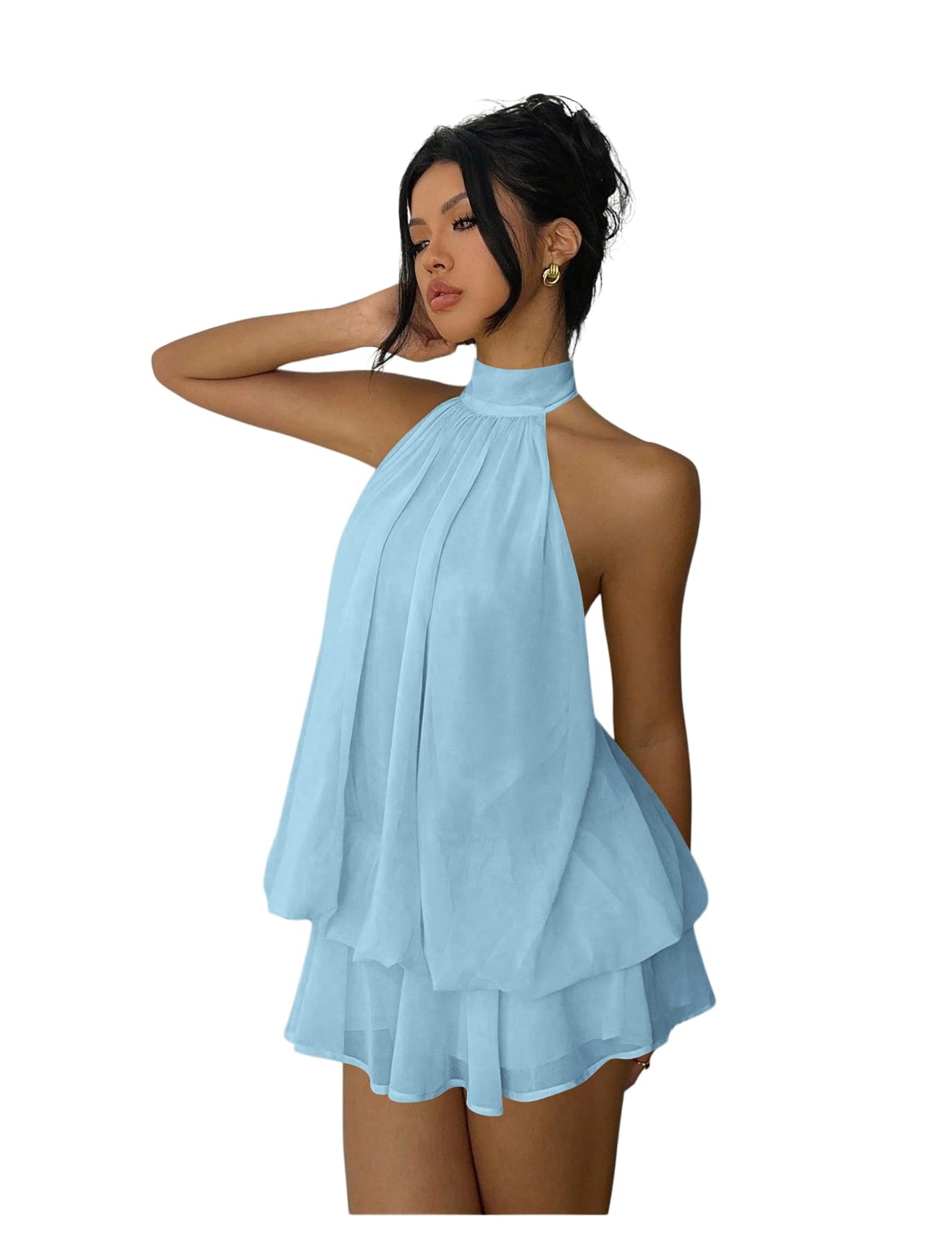 Business Casual Women's Chiffon Halter Drop Waist Ruffle Loose Fit Mini Dress Summer Wedding Guest Brunch Outfit Dress