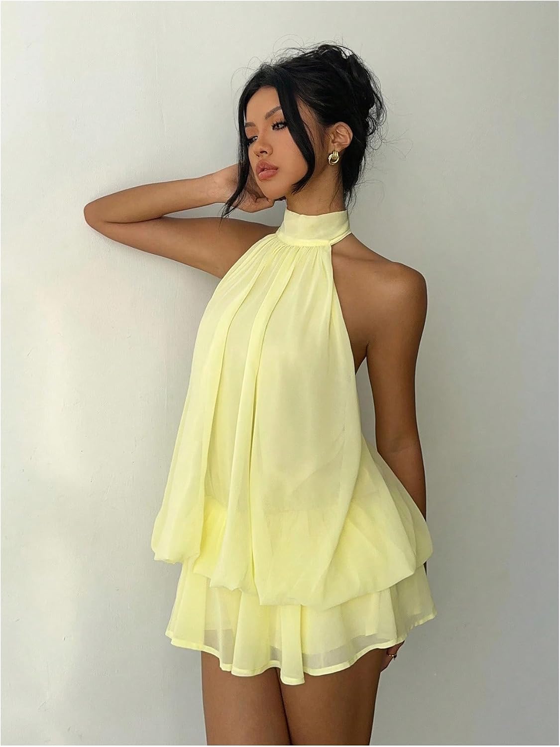 Business Casual Women's Chiffon Halter Drop Waist Ruffle Loose Fit Mini Dress Summer Wedding Guest Brunch Outfit Dress