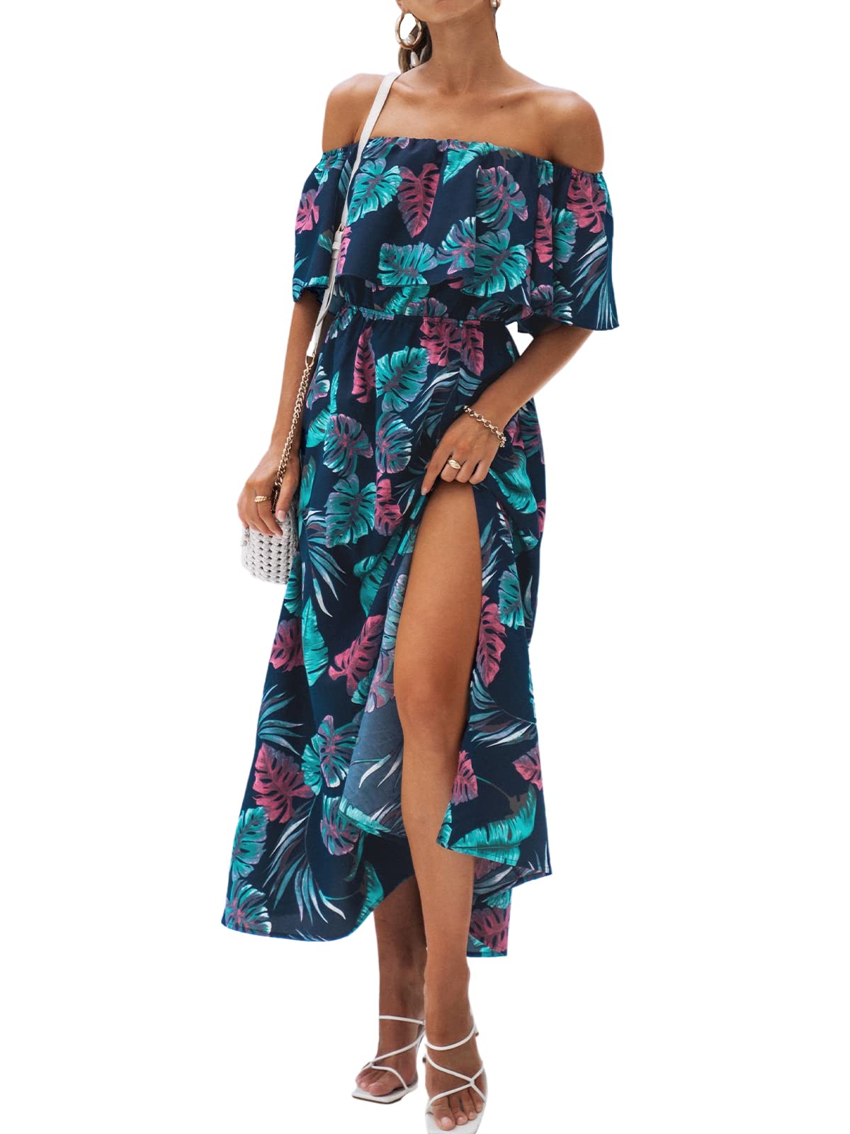 Youth Womens Ruffle Floral Maxi Summer Dress Off Shoulder Short Sleeve Backless Flounce Bodice Slit Hem Beach Dresses