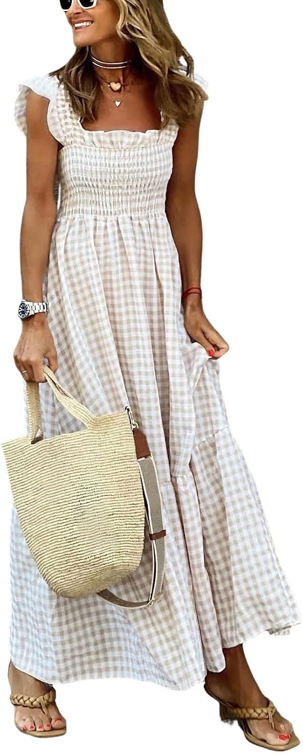 Minimalist Women's Retro Plaid Smocked Spaghetti Strap Flounce Long Casual Daily Wear Dress