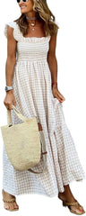 Minimalist Women's Retro Plaid Smocked Spaghetti Strap Flounce Long Casual Daily Wear Dress