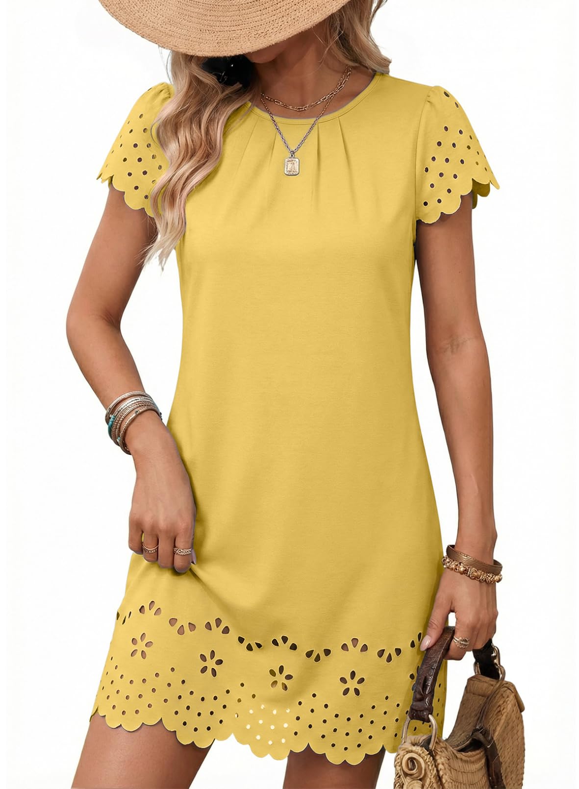 2026 Minimalist Womens Summer Mini Dress Short Sleeve Hollow Out Crewneck Pleated Front Casual Elegant Short Dress