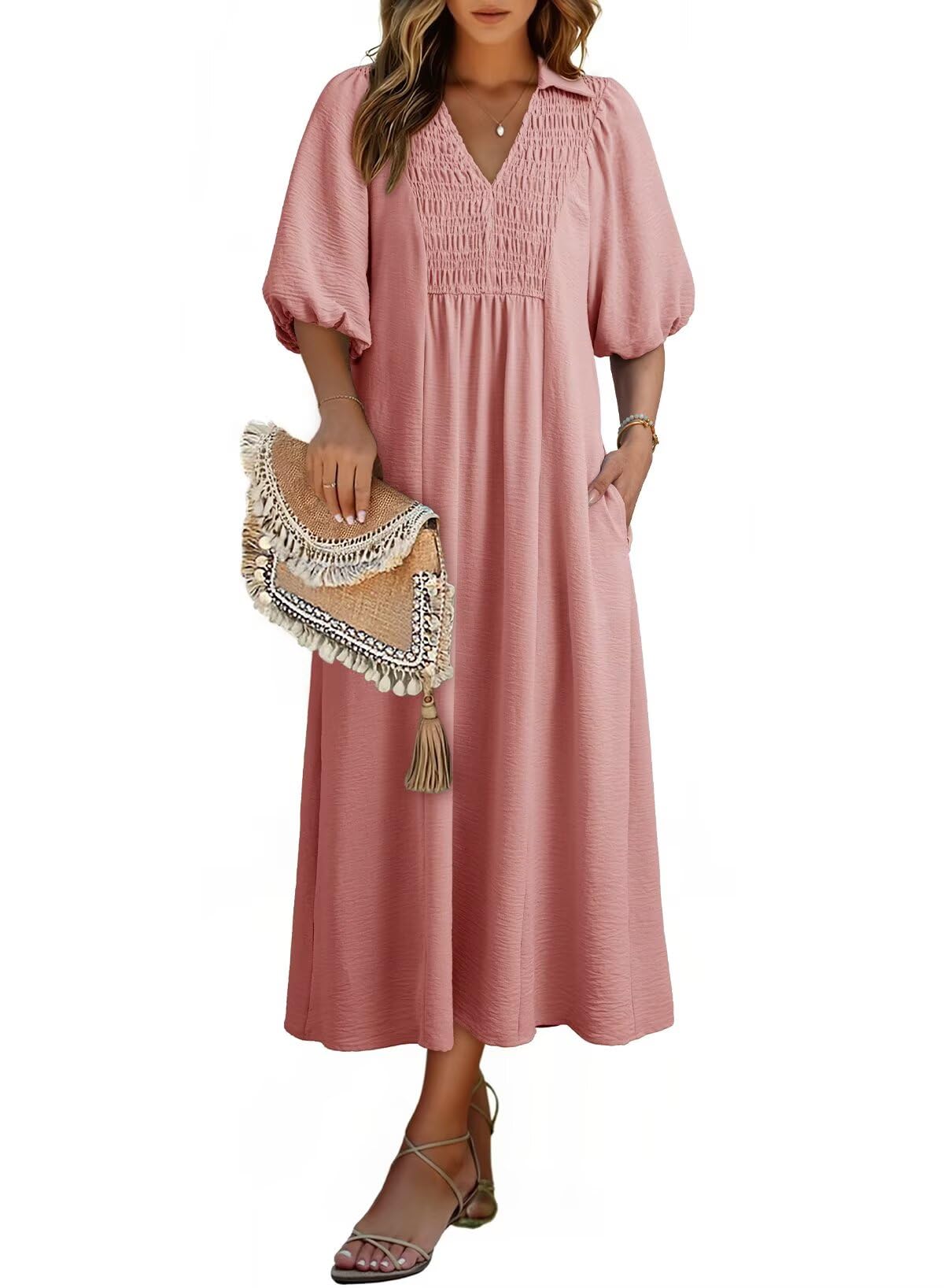 2026 Business Casual Women's Summer V Neck Puff Sleeve Empire Waist A-Line Maxi Casual Daily Wear Dress For Office