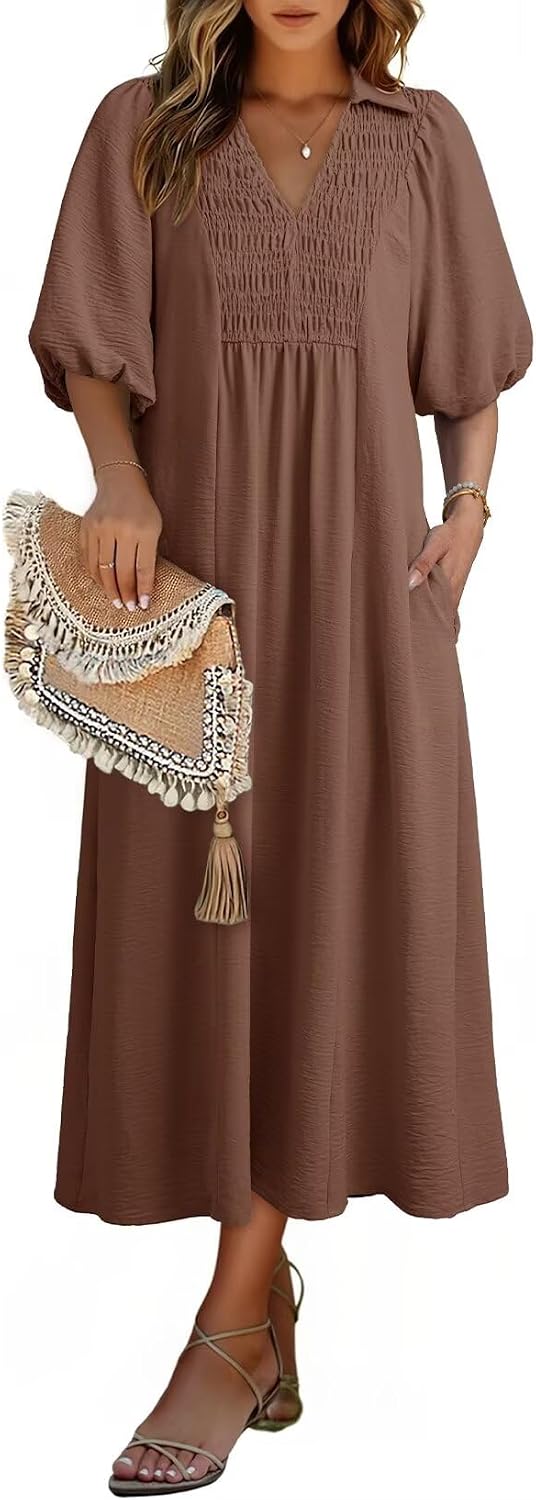 2026 Business Casual Women's Summer V Neck Puff Sleeve Empire Waist A-Line Maxi Casual Daily Wear Dress For Office