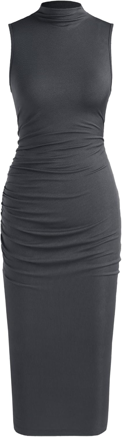Youth Womens Bodycon Dresses Mock High Neck Sleeveless Ruched Summer Cocktail Work Trendy Midi Dress