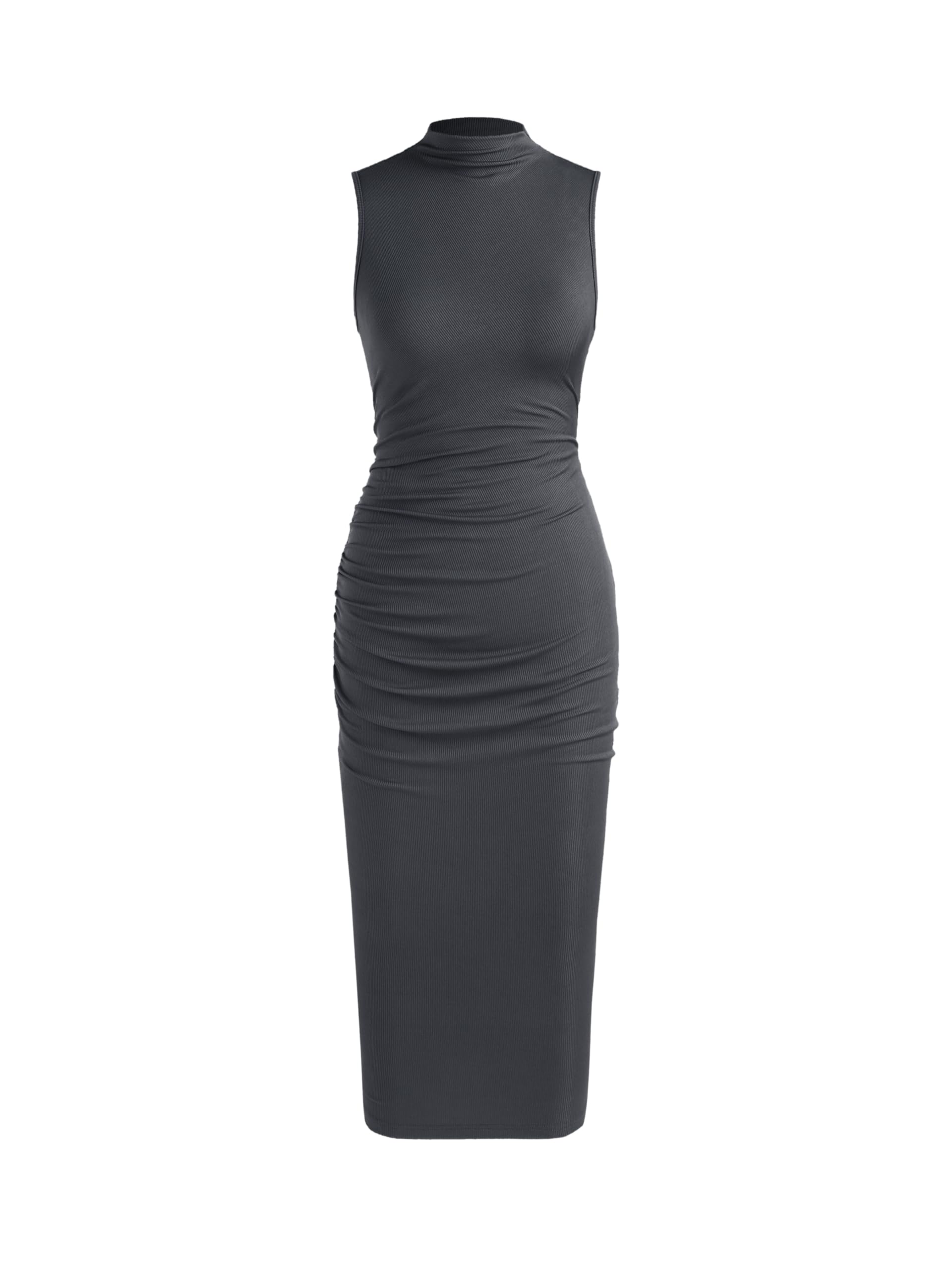 Youth Womens Bodycon Dresses Mock High Neck Sleeveless Ruched Summer Cocktail Work Trendy Midi Dress
