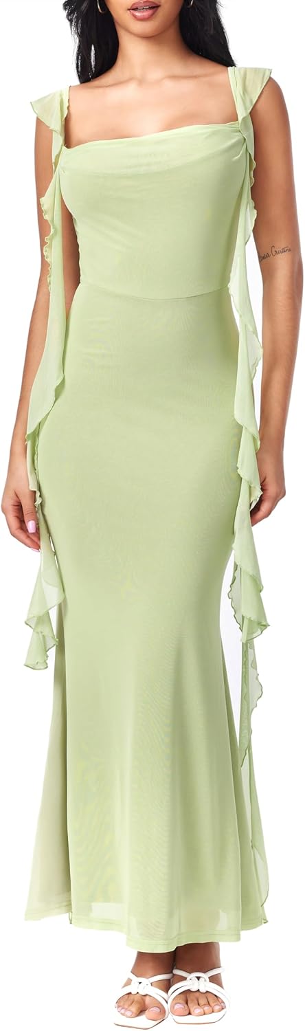 Minimalist Formal Dresses for Women Wedding Guest Dresses Summer Maxi Dress Sleeveless Mesh Ruffle Cocktail Elegant Outfits