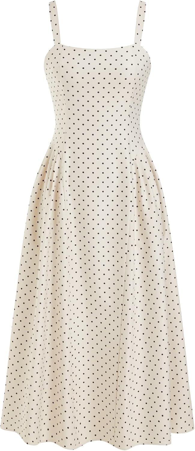 Womens Minimalist Polka Dots Summer Casual Dresses Square Neck Sleeveless Midi A Line Elegant Daily Dress