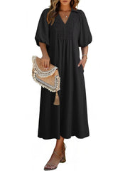 2026 Business Casual Women's Summer V Neck Puff Sleeve Empire Waist A-Line Maxi Casual Daily Wear Dress For Office