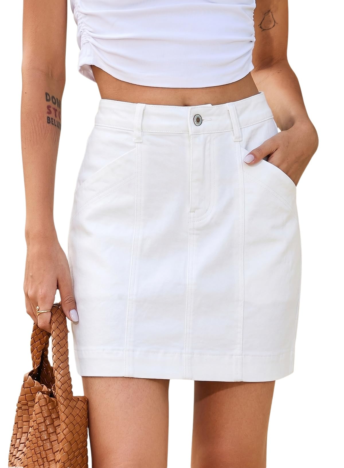 Minimalist Womens High Waisted Stretch Denim Jean Skirt Casual Trendy Front Seam Mini Skirt with Pockets Daily Wear
