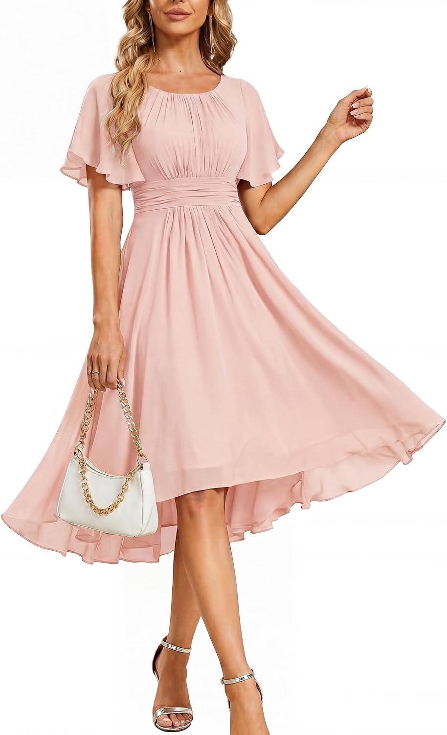 Minimalist Women's Chiffon Crew Neck Empire Waist Summer Short Sleeve Semi Formal Wedding Guest Dress