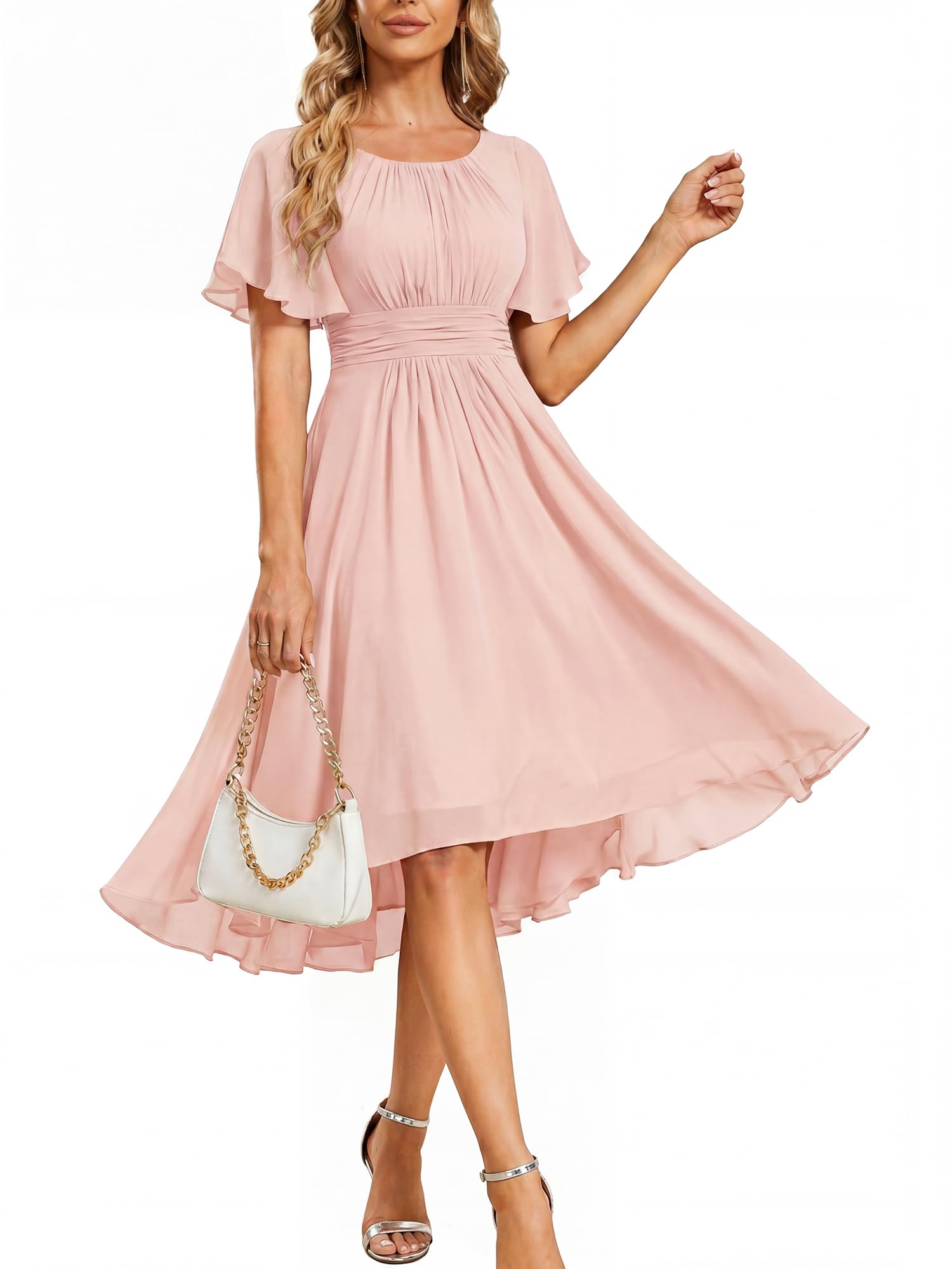 Minimalist Women's Chiffon Crew Neck Empire Waist Summer Short Sleeve Semi Formal Wedding Guest Dress