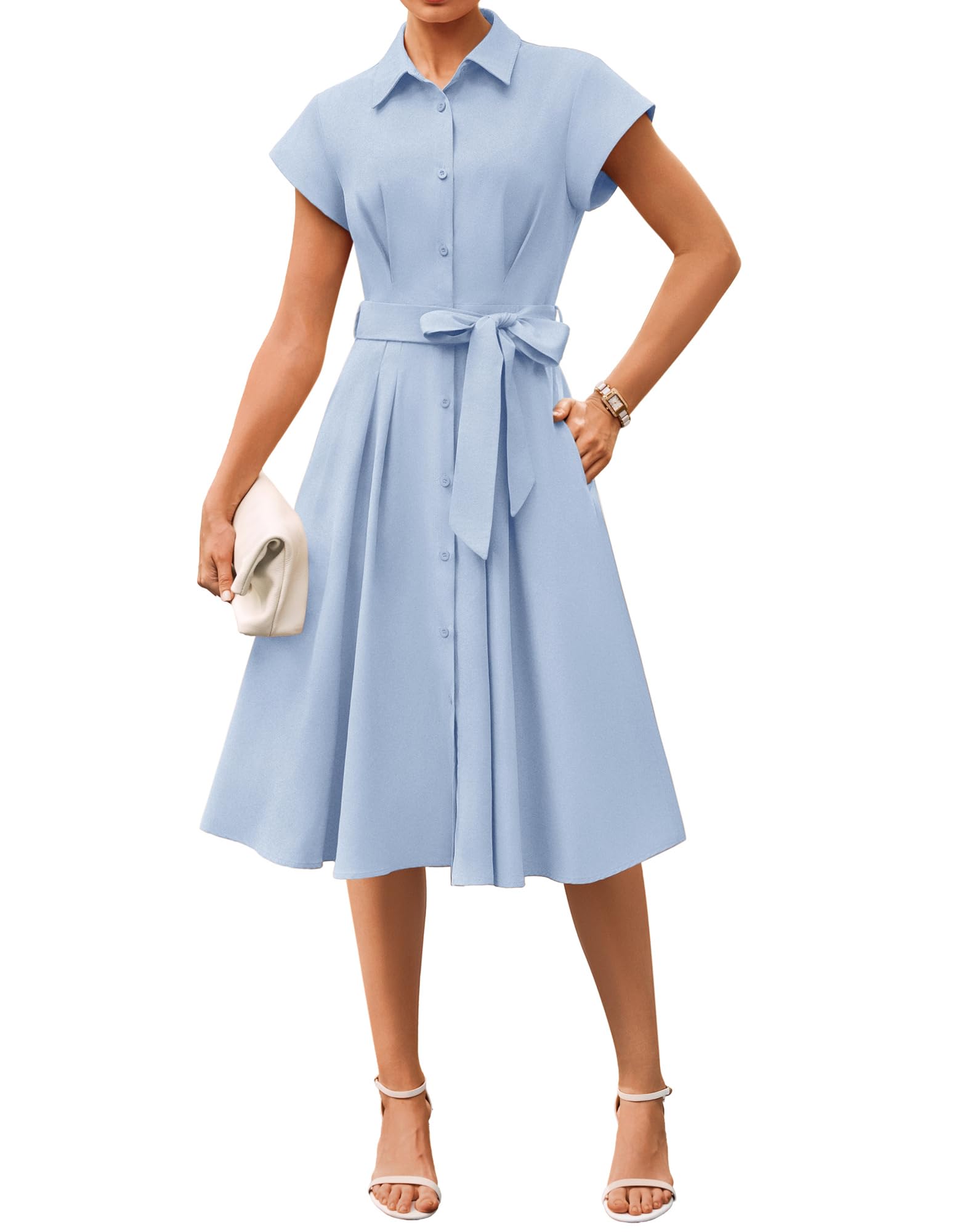 Youth 2026 Women's Short Sleeve Button Down Shirt Midi Dress Summer Work Business Casual Dress With Pockets