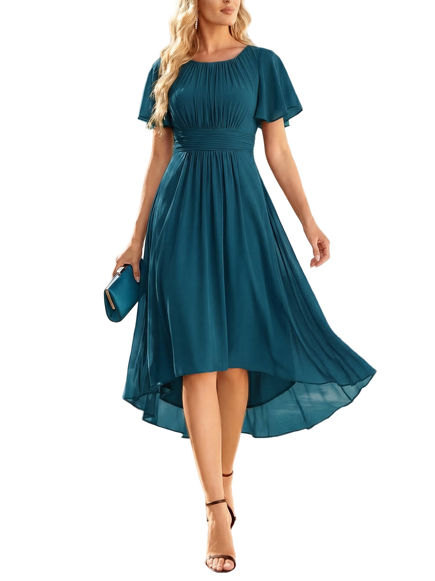 Minimalist Women's Chiffon Crew Neck Empire Waist Summer Short Sleeve Semi Formal Wedding Guest Dress