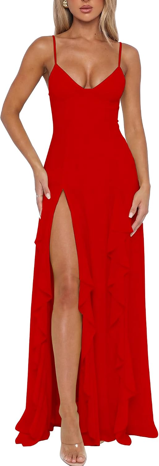 Business Formal Women's Sexy V Neck Spaghetti Strap High Slit Vacation Maxi Dress Cocktail Wedding Guest Long Formal Dress