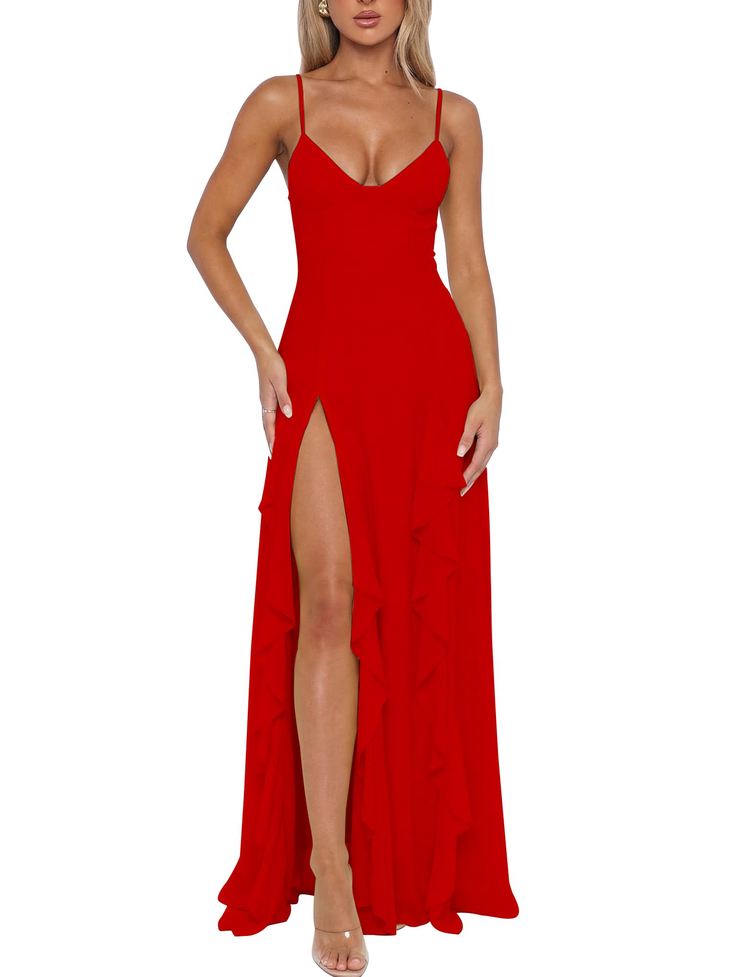 Business Formal Women's Sexy V Neck Spaghetti Strap High Slit Vacation Maxi Dress Cocktail Wedding Guest Long Formal Dress