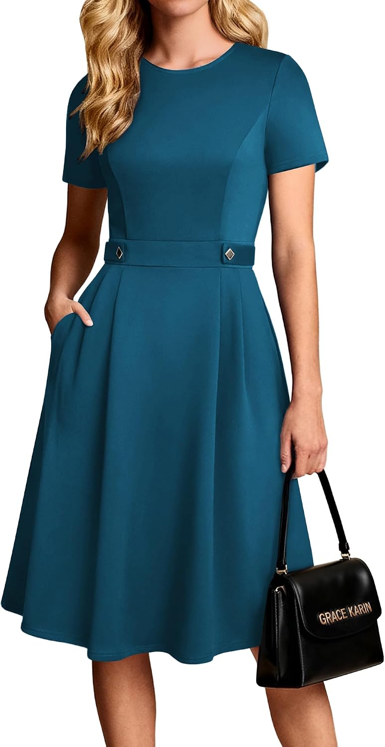 Youth 2026 Womens Church Dresses Short Sleeve A Line Work Fit and Flare Dress with Pockets
